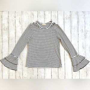 Altar'd State Black & White/Ivory Striped Longsleeve Bell Ruffle Sleeves Blouse